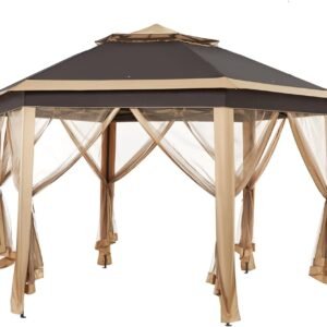 13x13 Pop up Gazebo, Hexagonal Outdoor Canopy Shelter, Instant Patio Gazebo Sun Shade Canopy Tent with Double Tiers & Mesh Netting for Lawn, Garden, Backyard & Deck, Khaki/Brown
