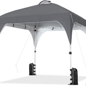 10x10 Pop-Up Canopy Tent with 17 Solar LED Lights & Top Vent, Portable Outdoor Canopy Easy Setup Sun Shade Canopy Adjustable Tent with Wheeled Bag, 12 Stakes, 4 Sandbags & 4 Ropes, Dark Gray