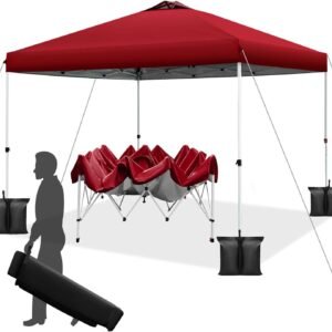 10x10 pop up Canopy Tent, One-Button Push Setup, Adjustable Height pop up Gazebo, Instant Portable Shelter, 4 Weight Bags, Sun Shade for Events & Camping, Silver Coated Top,Red