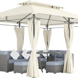 10' x 13' Patio Gazebo, Double Roof Outdoor Gazebo Canopy Shelter with Curtains, Solid Metal Frame for Garden, Lawn, Backyard and Deck, Cream White