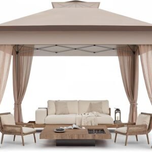 13x13 Pop Up Gazebo, Outdoor Canopy Tent, Instant Screened Shelter with Mosquito Netting for Patio, Garden, Backyard, Party, Camping 3 Height Postions，Beige & Brown