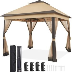 11x11 Pop Up Gazebo Outdoor Canopy Shelter, Instant Patio Gazebo Sun Shade Canopy Tent with 4 Sandbags, Double Tiers & Mesh Netting for Lawn, Garden, Backyard & Deck, Khaki